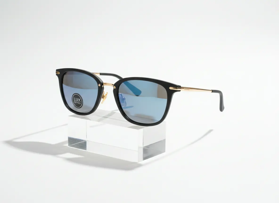 Sunglasses on a transparent display stand in a product concept image